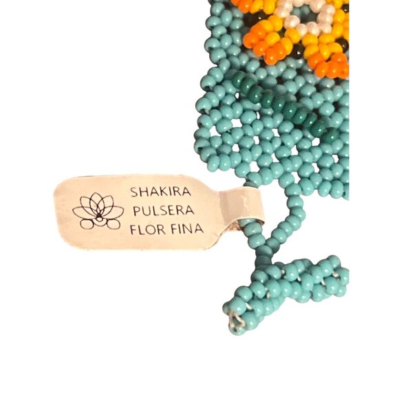 Shakira Huichol Seed Bead Cuff Bracelet 3D Flowers Turquoise Orange 3 Sizes NWT - Picture 8 of 8